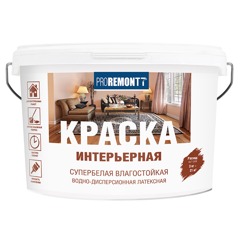 Краска "PROREMONT" интерьерная влагостойкая  супербелая 3кг