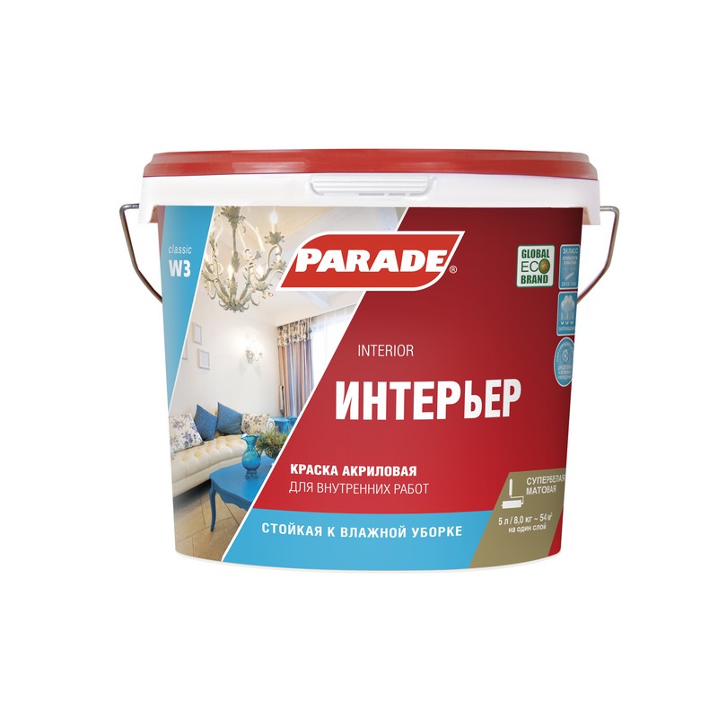 Краска PARADE W3 Интерьер акрил. Бел. мат, база А, 5л